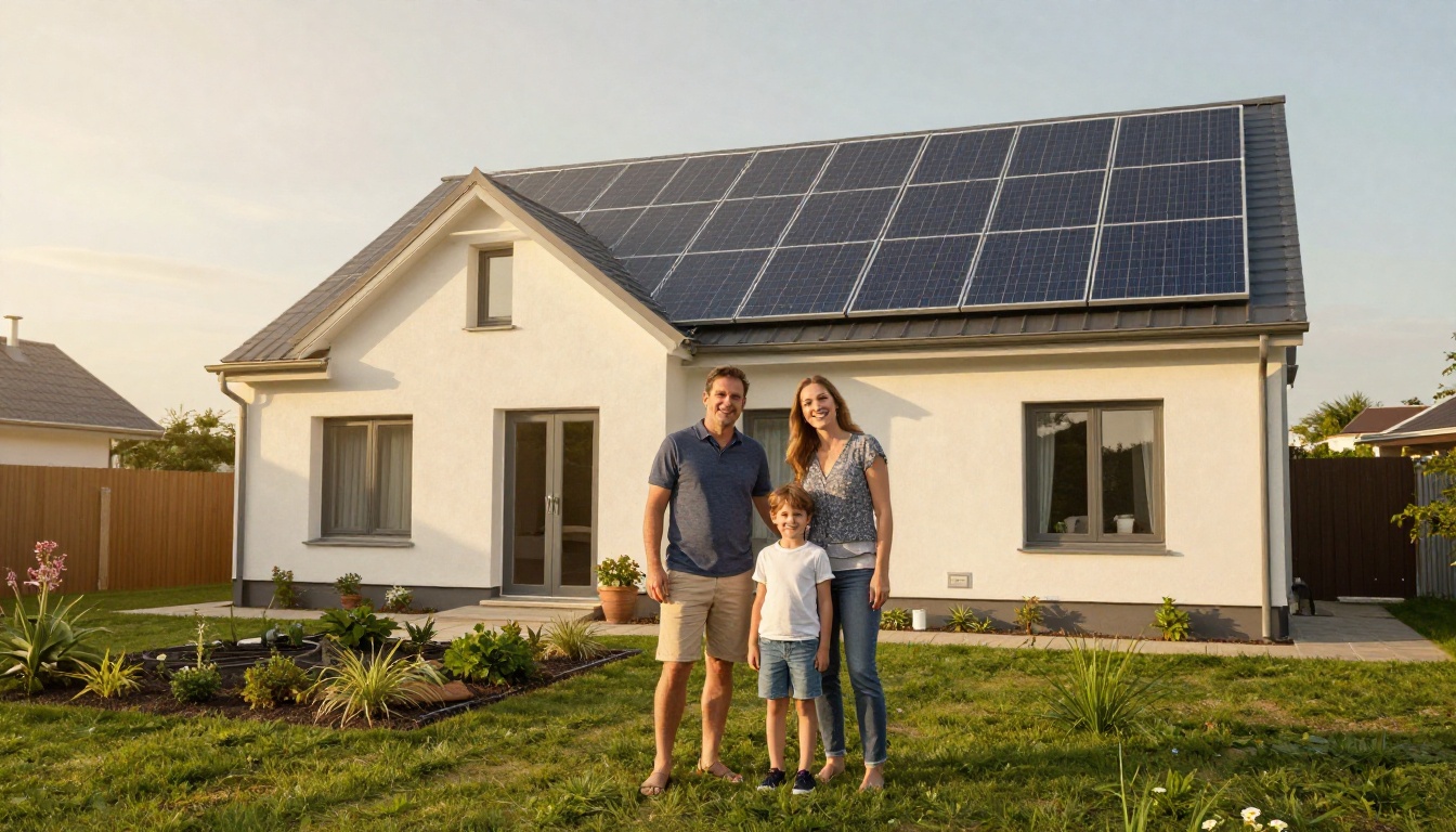 Famille devant leur maison rénovée avec panneaux solaires